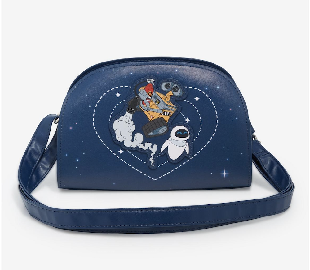 Blue crossbody bag featuring WALL-E and EVE in space with a fire extinguisher surrounded by hearts and stars